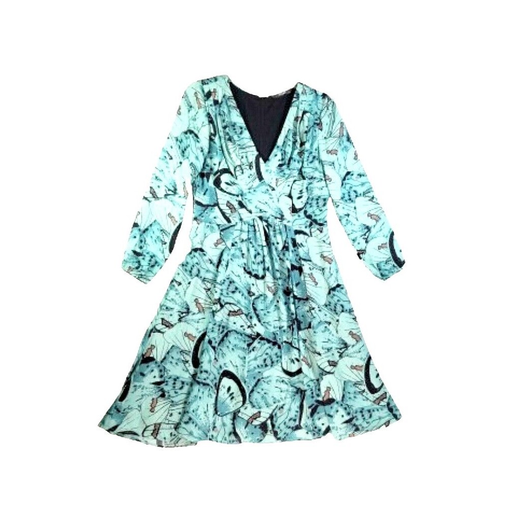 eShakti Women's Turquoise Print Sheath Midi Dress Sz Large 12 Long Sleeves